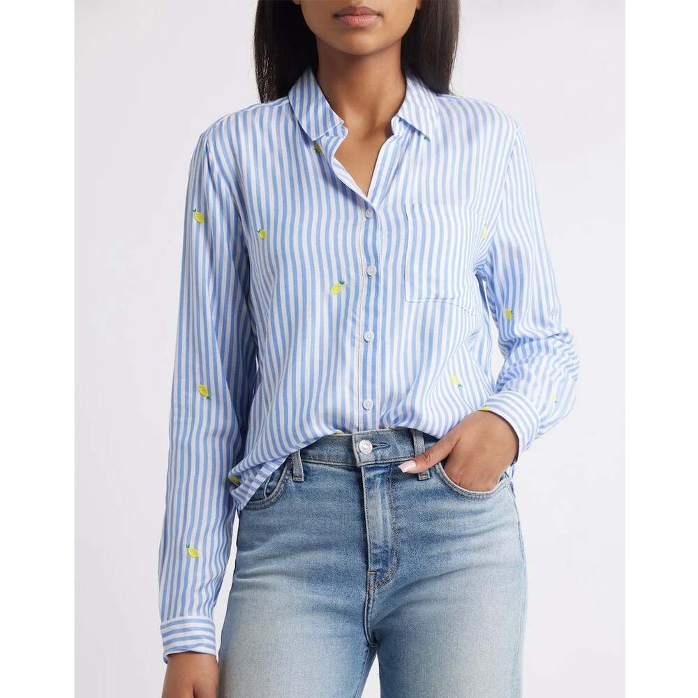 BeachLunchLounge Caitlin Embroidered Lemon Striped Button Down Medium NWT